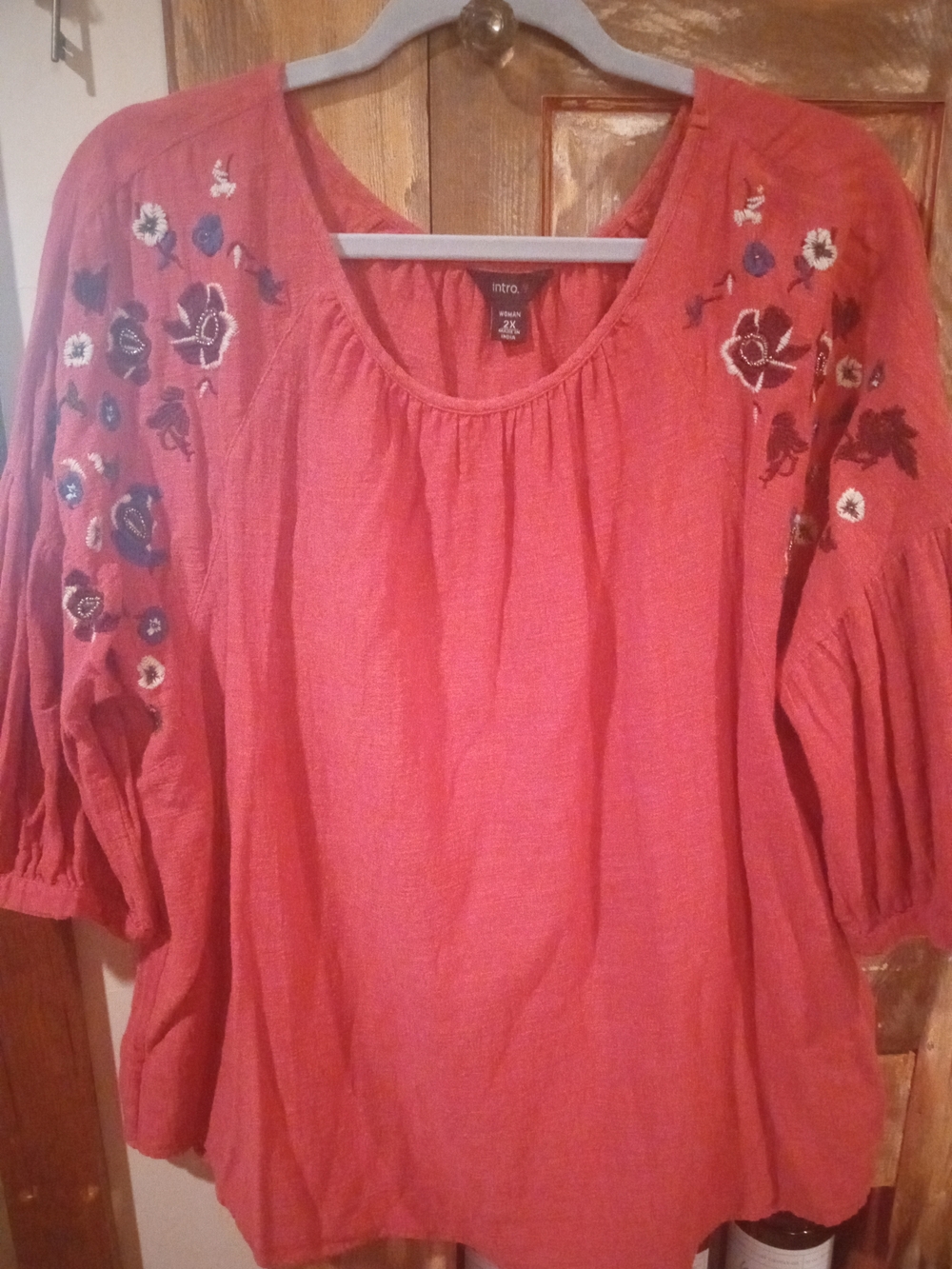 intro. coral/Rust Orange embroidered peasant blouse